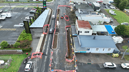 A birds-eye view of Main Street showing excavation.