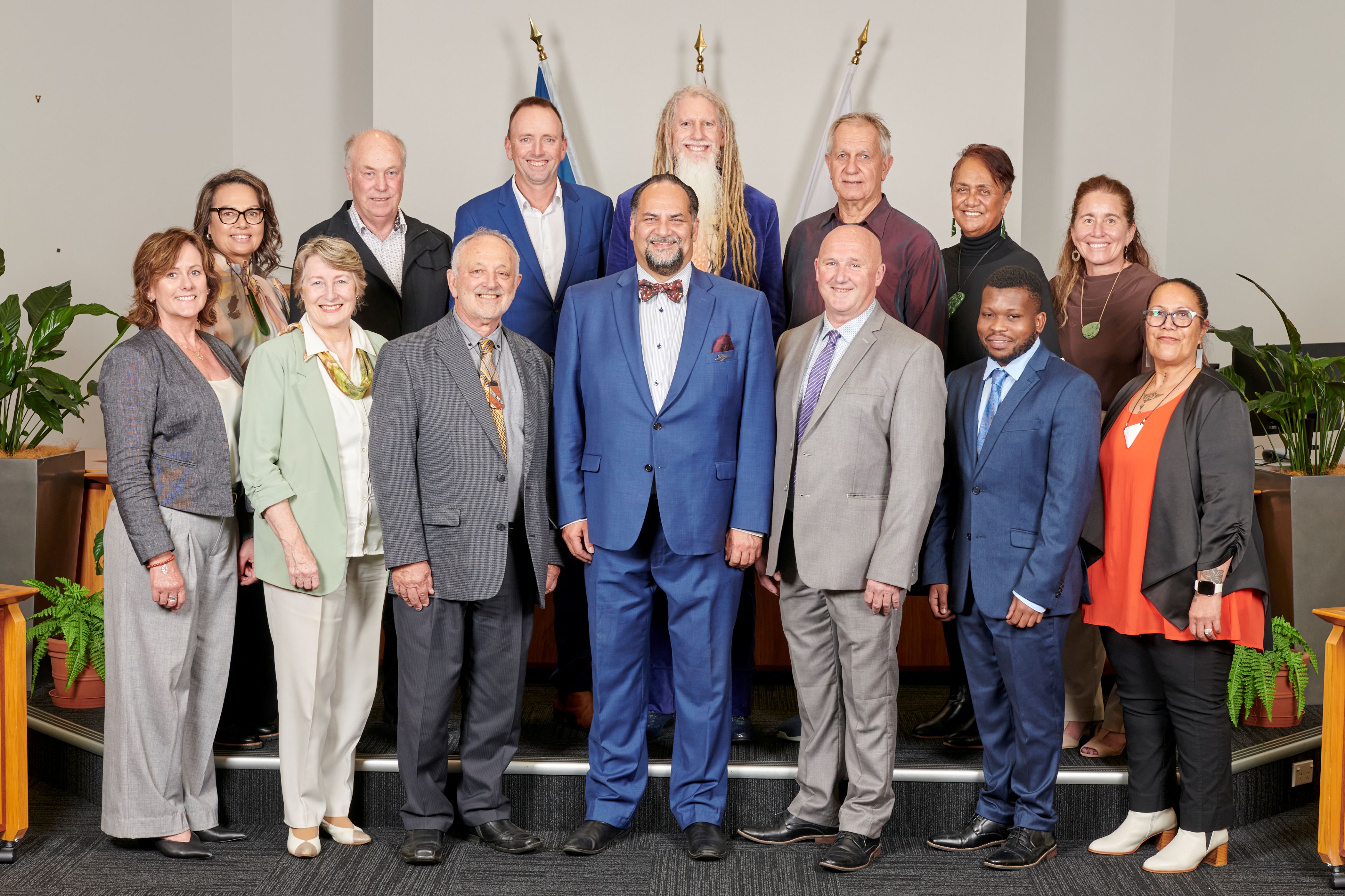 Waikato District Council elected members standing together in Council Chambers