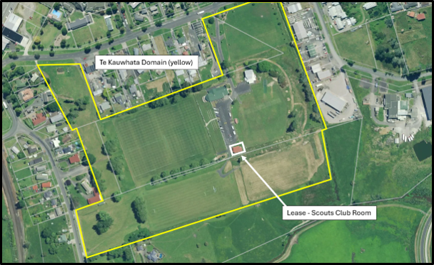 A map of the Te Kauwhata Domain in comparison to the building that has received a lease application