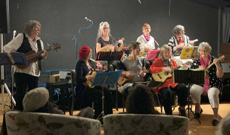 A group of musicians plays string instruments on a small stage, performing for an audience seated in the foreground. Music stands and a dark backdrop frame the community concert setting.