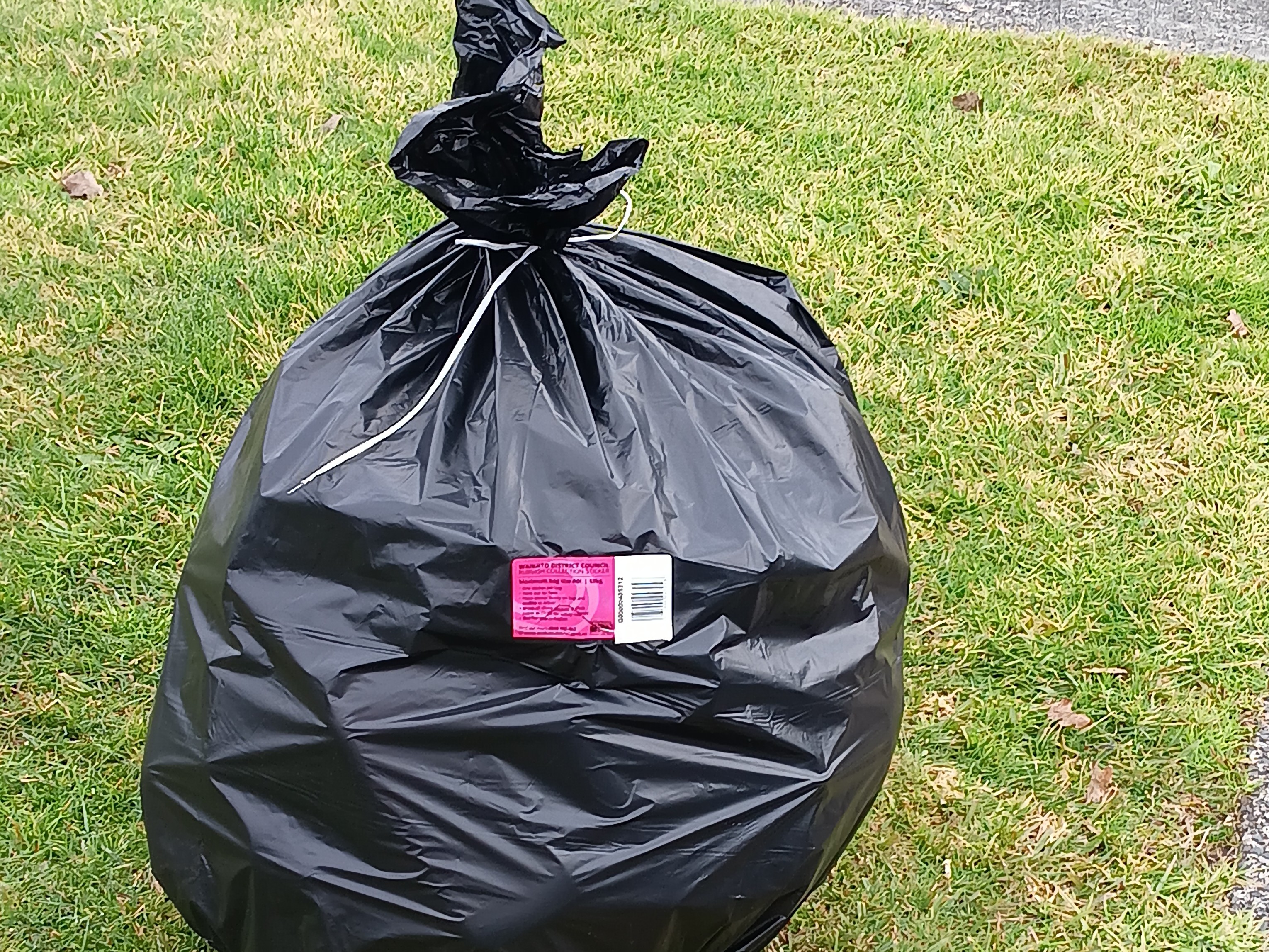 Black rubbish bag with pink Council sticker on the grass verge ready for collection