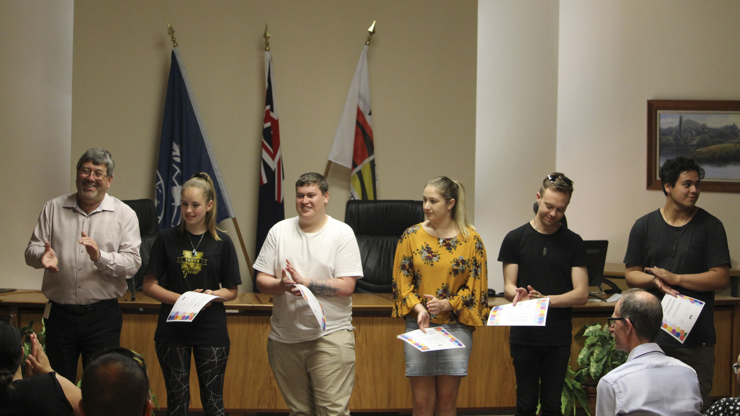 left to right Mayor Allan Sanson, youth reps Azabeth Dobby (Meremere), Cory Newport (Nga) Phoebe Comins (H), Logan Cotter (H), Wirihana Eriepa (Nga)