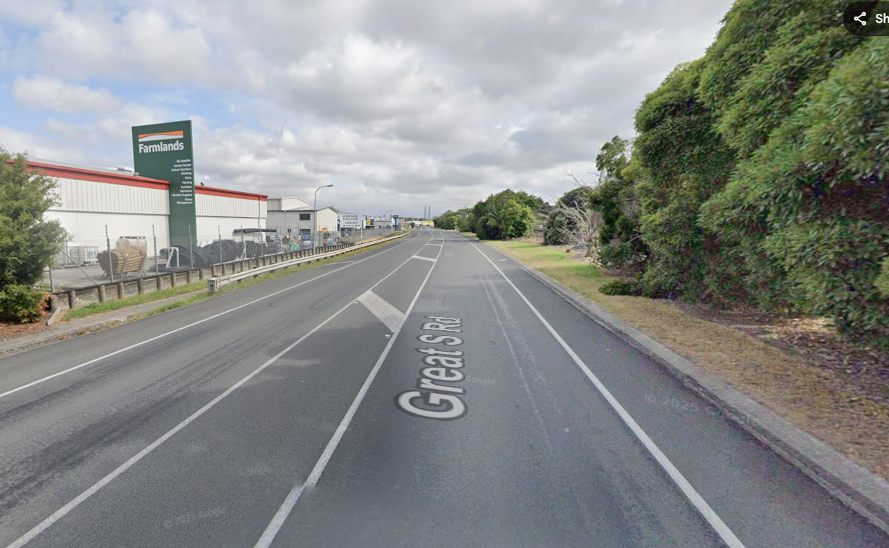 Street-view image of Great South Road beside an industrial building, with road markings, tall hedges, and cloudy skies creating a quiet urban scene.