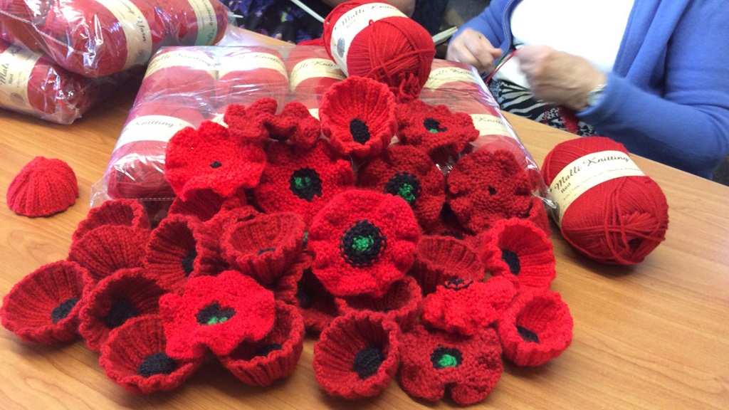 Knitted ANZAC poppies