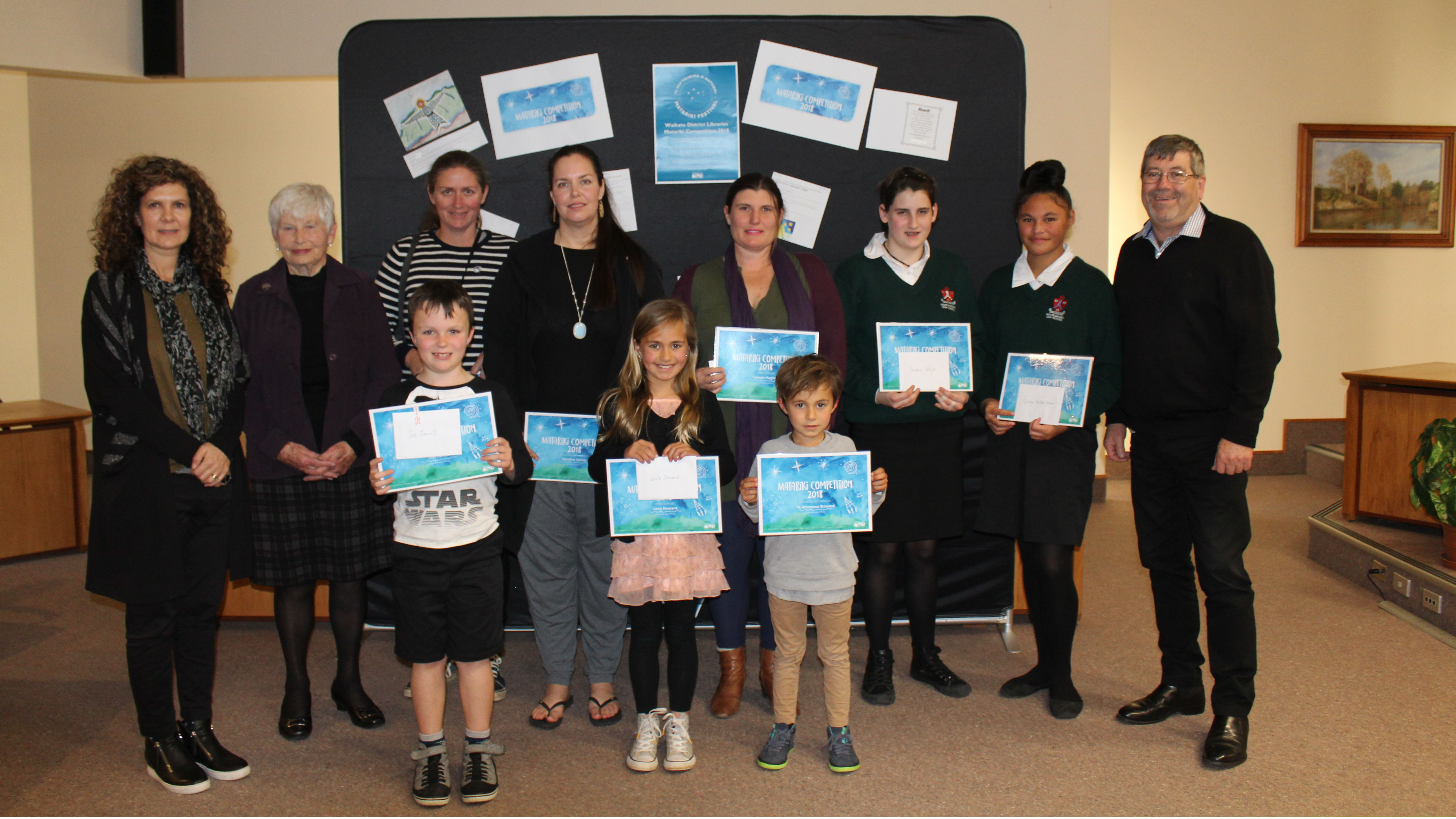 Matariki winners with judges and Mayor Sanson