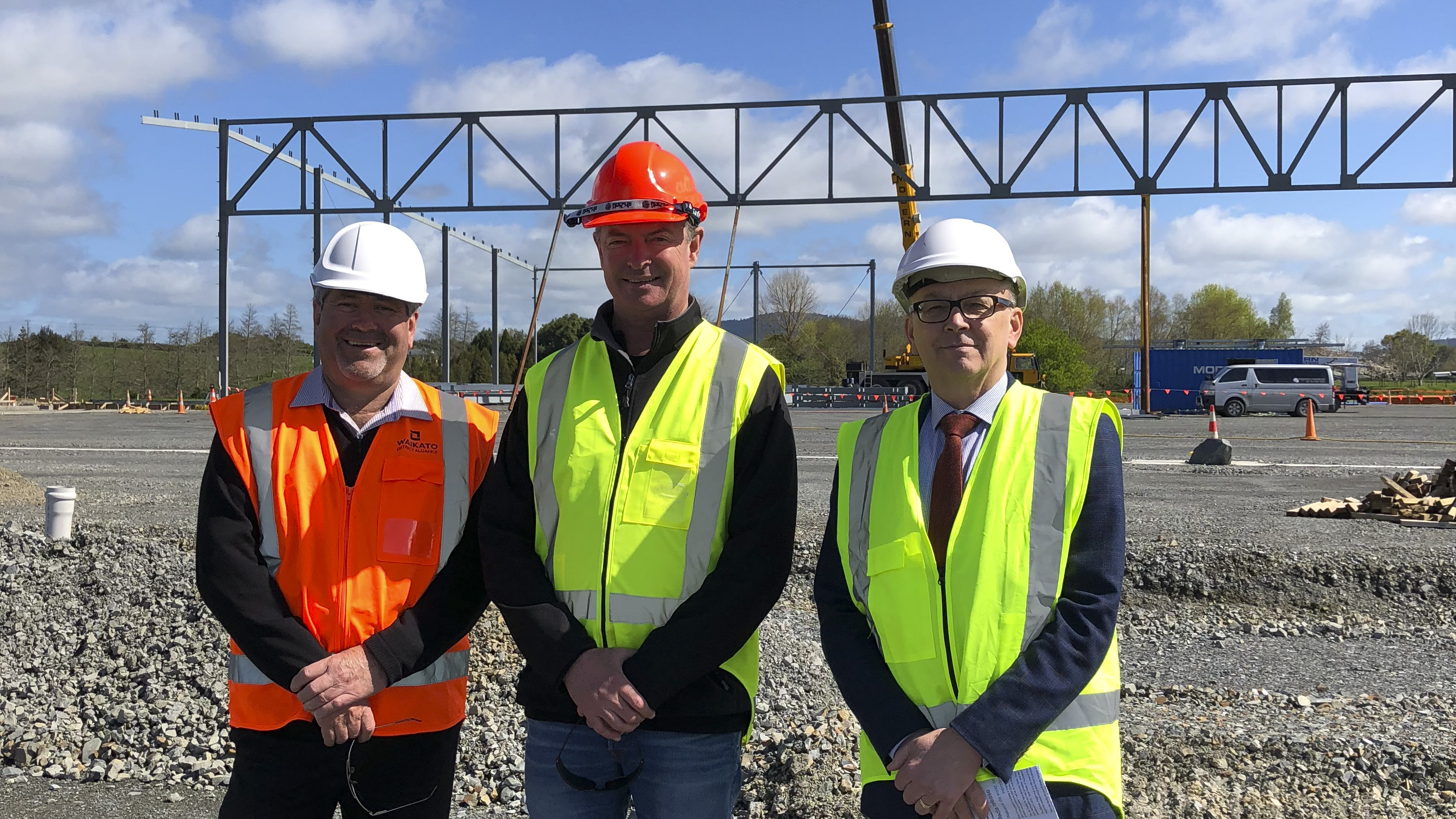 Mayor Allan Sanson (left), Ports of Auckland CEO Tony Gibson and Waikato District Council GM Community Growth Clive Morgan check out the warehouse facility under construction for Open Country Dairy at the Waikato Freight Hub at Horotiu.