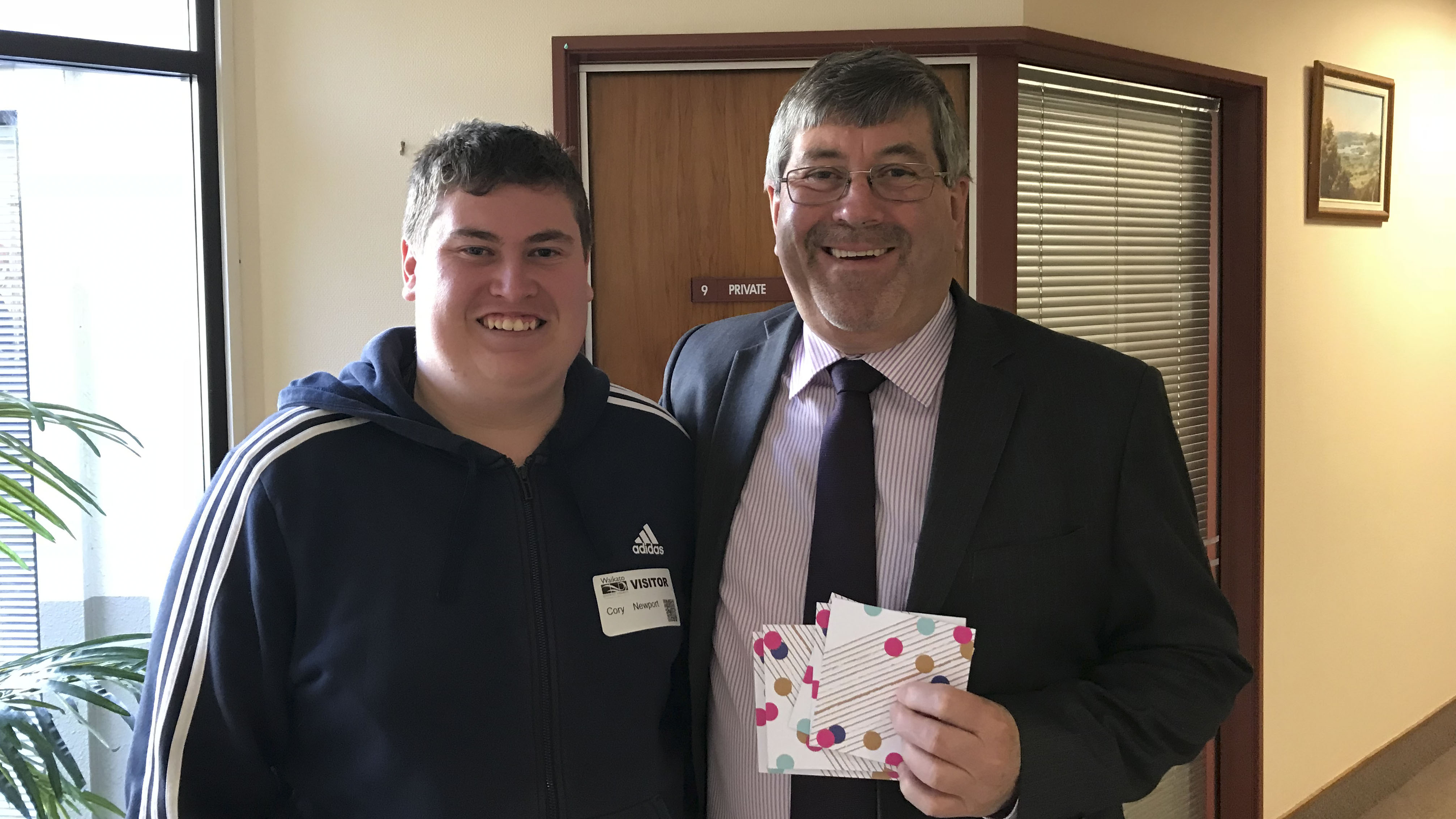 Ngaruawahia youth facilitator Cory Newport with Waikato District Mayor Allan Sanson July 2018