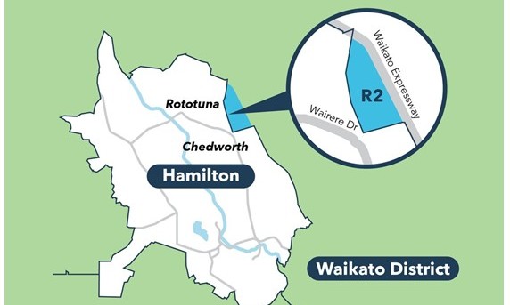 Graphic showing Hamilton and Waikato boundaries with inset showing R2 area