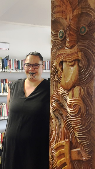 Tipa-Mahuta---Sir-Robert-Mahuta-room Tipa Mahuta, pictured with the new carving in the Sir Robert Mahuta room, named after her father.