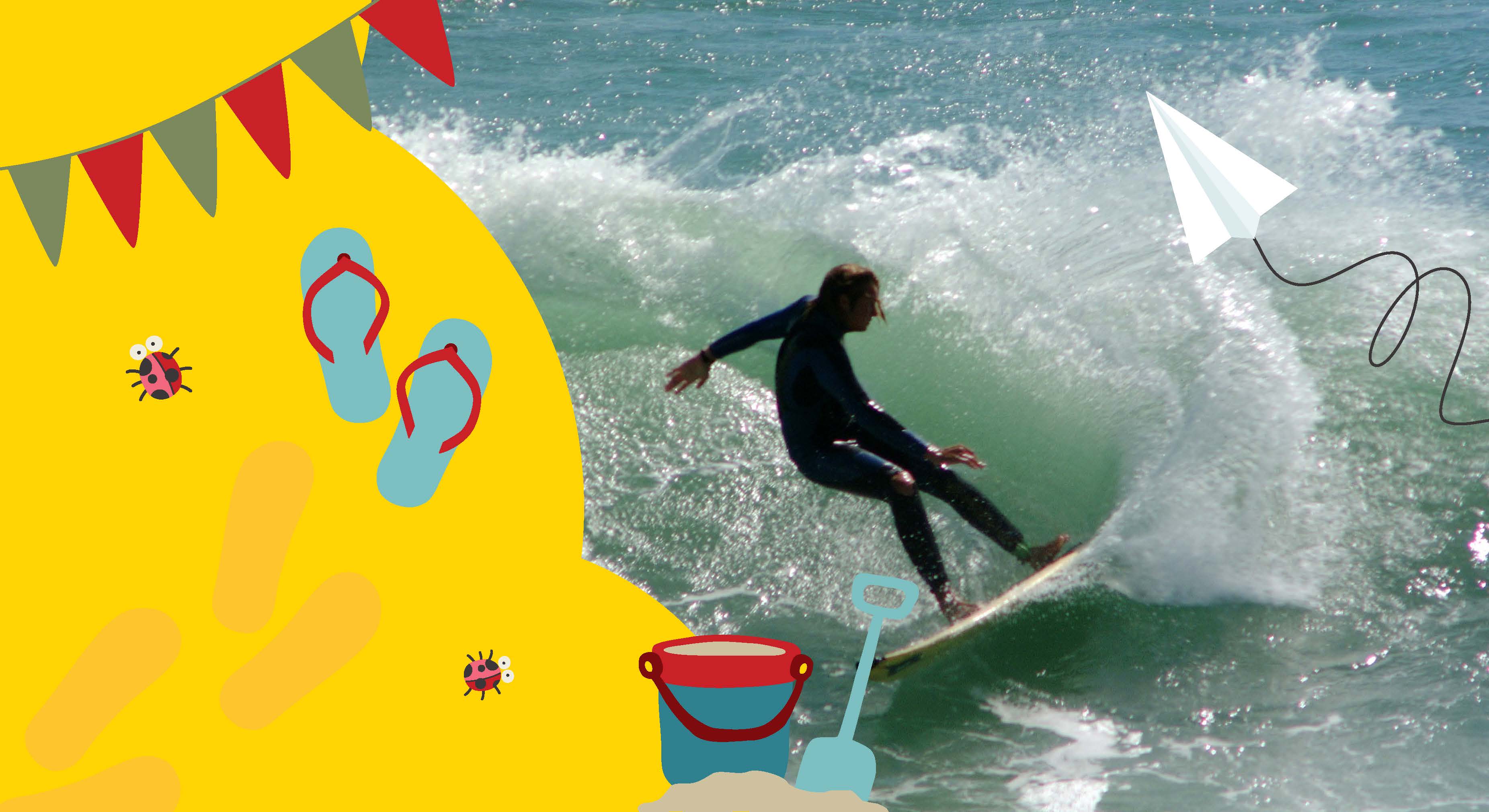 A surfer rides a wave, surrounded by whimsical beach graphics including flip-flops, a bucket, and a paper airplane. The scene conveys fun and summer vibes.