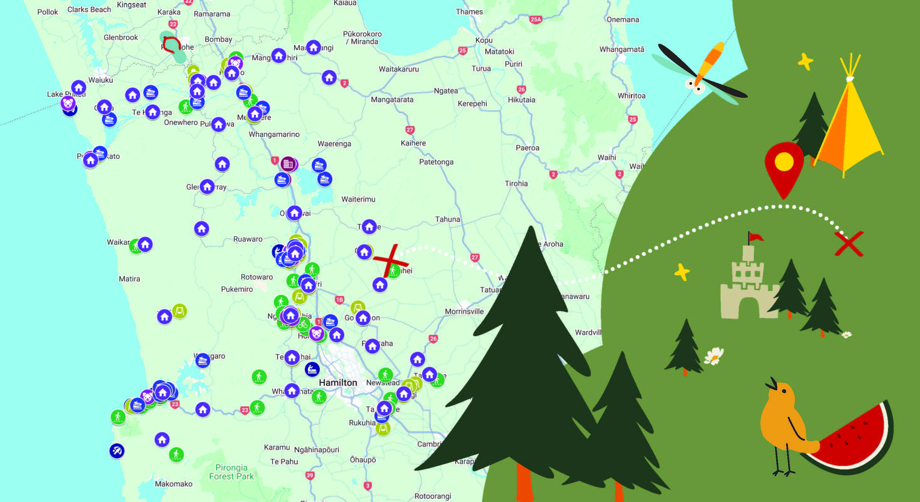 A colorful map of Hamilton, New Zealand, dotted with various icons like balloons, tents, and trees. Nearby illustration features a forest scene with a tent, castle, bird, and dotted path symbolizing adventure. Playful and exploratory vibe.
