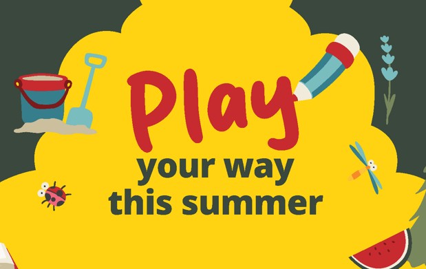 Yellow cloud with "Play your way this summer" text. Surrounding items include a sand bucket, shovel, blue crayon, ladybug, dragonfly, and watermelon. Playful tone.