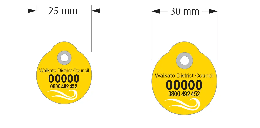 Diagrams of the small (25mm) and large (30mm) dog tags