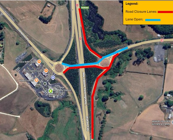 Taupiri interchange closure detour map