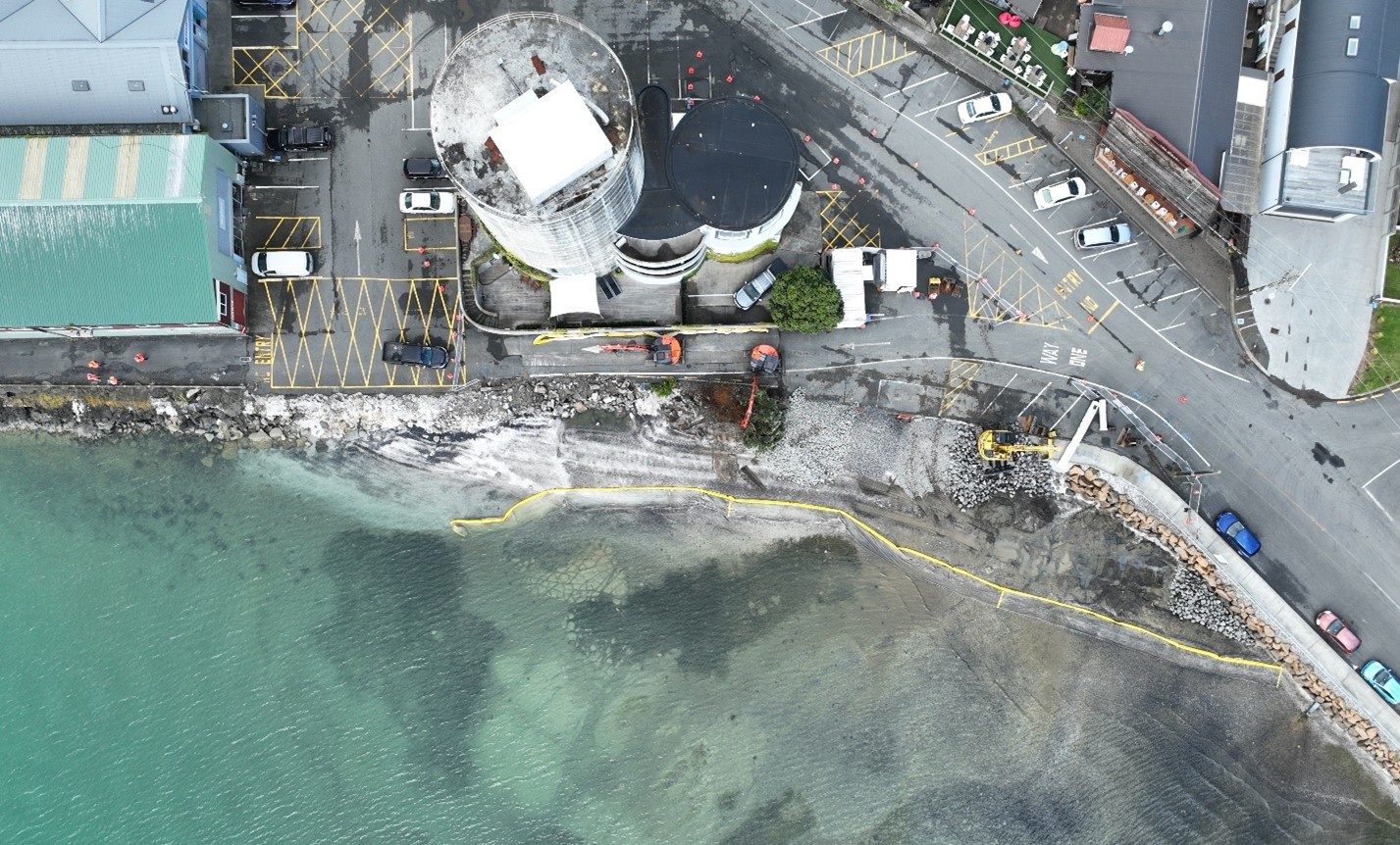 Aerial view of the western side of the wharf, where a new seawall is beginning to take shape