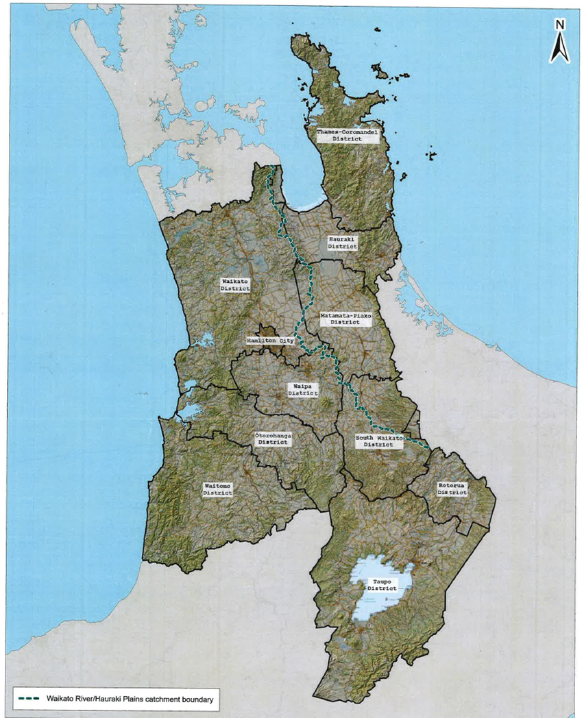 Map showing the Waikato River/Hauraki Plains catchment boundary.