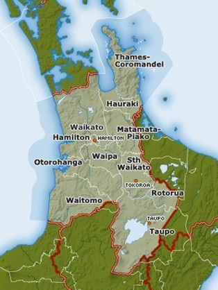Map showing the Waikato region and districts