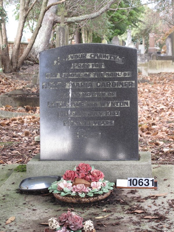 Of your charity pray for the repose of the soul of Anne Maria Gardiner loved mother of Catherine and Wynton died 15th July 1947 aged 73 years ? Of your charity pray for the repose of the soul of Anne Maria Gardiner loved mother of Catherine and Wynton died 15th July 1947 aged 73 years : Gardiner, Anne Maria