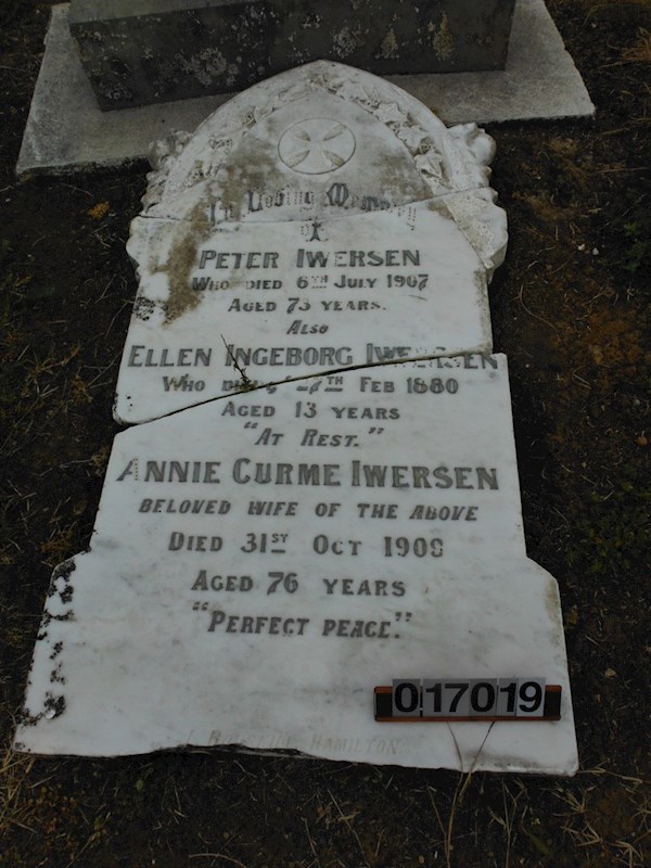 In Loving Memory of Peter Iwersen who died 6th July 1967 aged 73 years Also Ellen Ingeborg Iwersen who died 27th Feb 1880 aged 13 years "At Rest" Annie Curme Iwersen beloved wife of the above died 31st Oct 1909 Aged 76 years "Perfect Peace" ? In Loving Memory of Peter Iwersen who died 6th July 1967 aged 73 years Also Ellen Ingeborg Iwersen who died 27th Feb 1880 aged 13 years "At Rest" Annie Curme Iwersen beloved wife of the above died 31st Oct 1909 Aged 76 years "Perfect Peace" : Iwersen, Peter