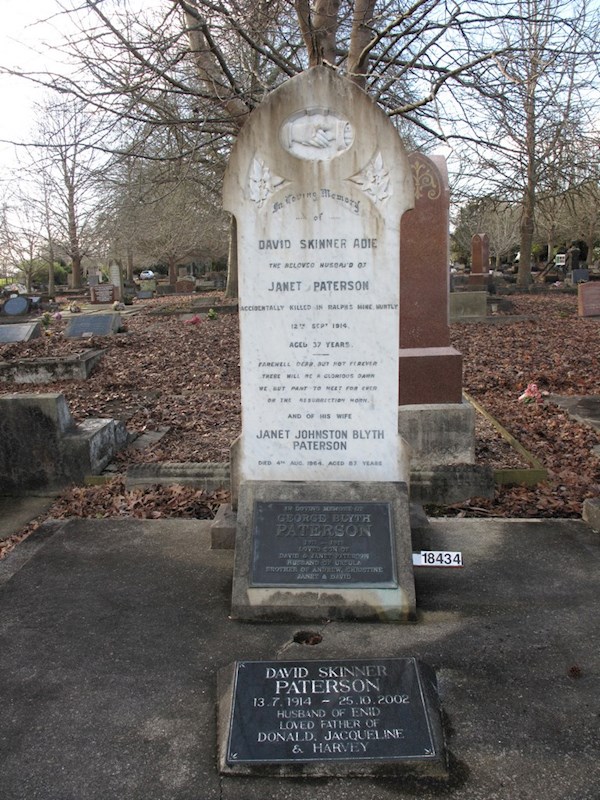 In Loving Memory of David Skinner Adie the beloved husband of Janet Paterson accidentally killed in Ralphs mine Hutly 12th Sept 1914  aged 37 years farewell dear but not forever there will be a glorious dawn we but part to meet for ever on the resurrection morn And of his wife Janet Johnston Blyth Paterson died 4th Aug 1964 aged 87 years ? In Loving Memory of David Skinner Adie the beloved husband of Janet Paterson accidentally killed in Ralphs mine Hutly 12th Sept 1914  aged 37 years farewell dear but not forever there will be a glorious dawn we but part to meet for ever on the resurrection morn And of his wife Janet Johnston Blyth Paterson died 4th Aug 1964 aged 87 years : Paterson, David