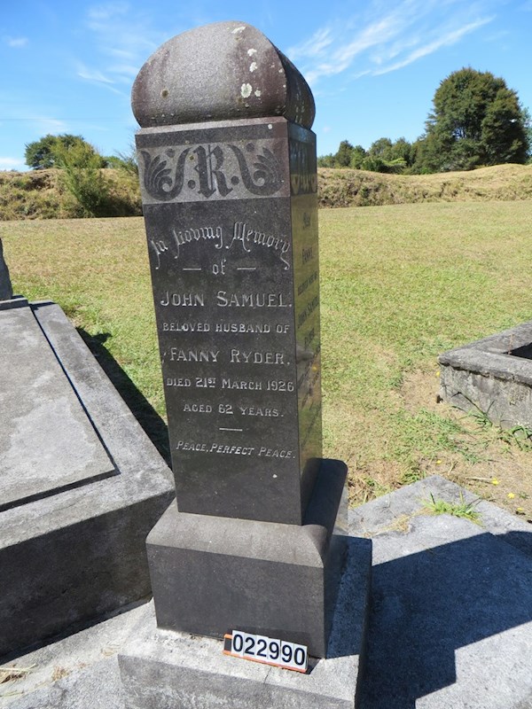 In Loving Memory of John Samuel beloved husband of Fanny ryder died 21st March 1926 aged 62 years Peace, perfect peace ? In Loving Memory of John Samuel beloved husband of Fanny ryder died 21st March 1926 aged 62 years Peace, perfect peace : Ryder, John Samuel