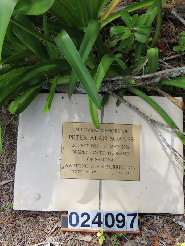In Loving Memory of Peter Alan Soanes 28 Sept 1955 15 May 2001 deeply loved husband of Sandra awaiting the resurrection "sweet pete" Job 14.13 ? In Loving Memory of Peter Alan Soanes 28 Sept 1955 15 May 2001 deeply loved husband of Sandra awaiting the resurrection "sweet pete" Job 14.13 : Soanes, Peter Alan