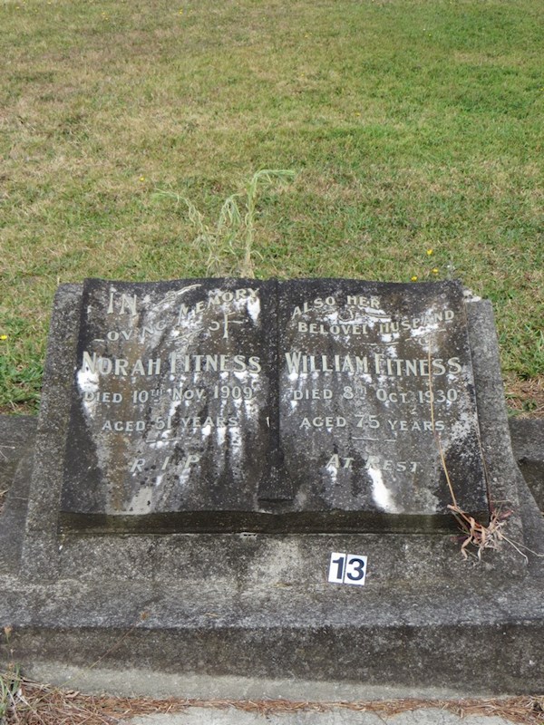 In loving memory Norah Fitness  Died 10th Nov 1909  aged 51 years  RIP -  Also her beloved husband   William  Fitness   Died 8th Oct 1930  aged 75 years.  At Rest ? In loving memory Norah Fitness  Died 10th Nov 1909  aged 51 years  RIP -  Also her beloved husband   William  Fitness   Died 8th Oct 1930  aged 75 years.  At Rest : Fitness, William