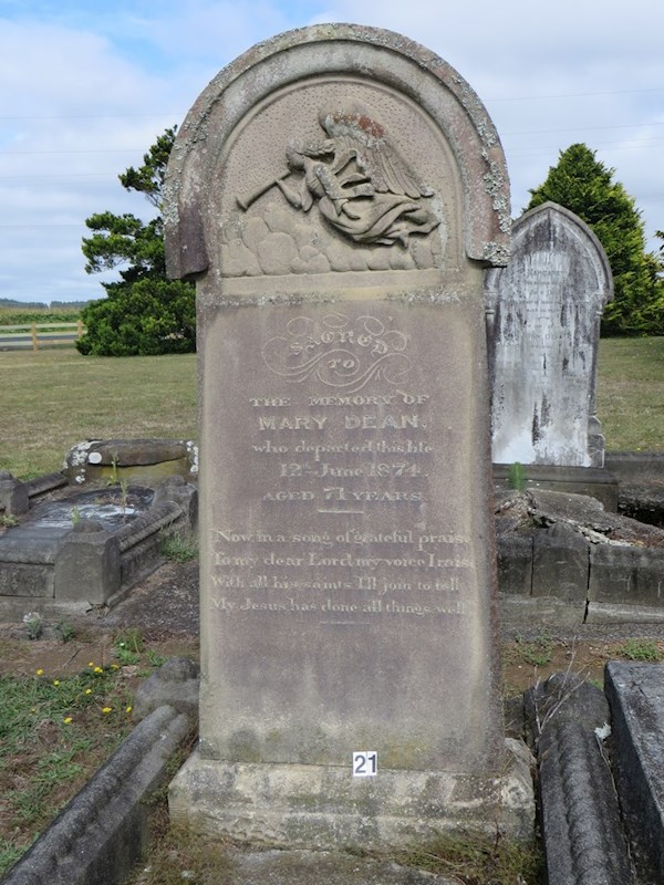 Sacred to the memory of Mary Dean  who departed this life 12th June 1874  Aged 71 years. Now in a song of grateful praise to my dear lord. My voice I raise with all his saints. I'll join to tell my Jesus has done all things well. ? Sacred to the memory of Mary Dean  who departed this life 12th June 1874  Aged 71 years. Now in a song of grateful praise to my dear lord. My voice I raise with all his saints. I'll join to tell my Jesus has done all things well. : Dean, Mary