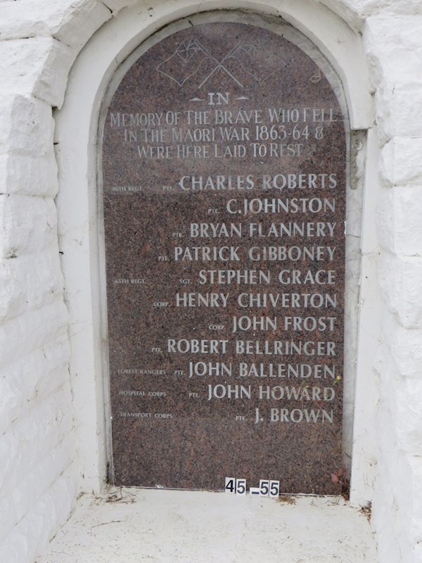 In memory of the brave who fell  in the Maori War 163 -64 and were here laid to rest   -  Transport Corps   Pte J Brown ? In memory of the brave who fell  in the Maori War 163 -64 and were here laid to rest   -  Transport Corps   Pte J Brown : Brown, (Private) J