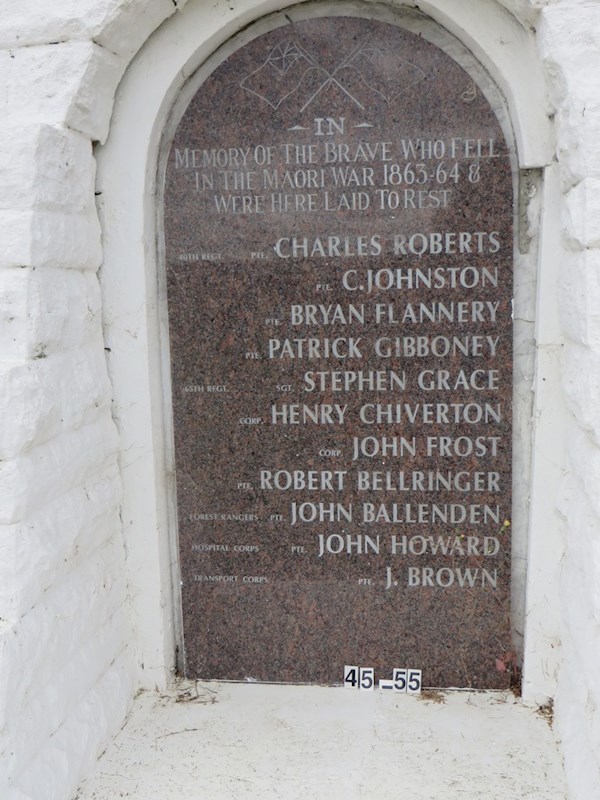 In memory of the brave who fell  in the Maori War 163 -64 and were here laid to rest  Pvt Patrick Gibboney ? In memory of the brave who fell  in the Maori War 163 -64 and were here laid to rest  Pvt Patrick Gibboney : Gibboney, ( Pvt) Patrick